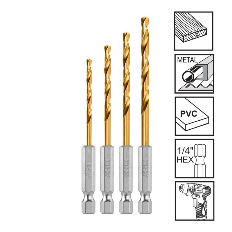 Τρυπάνια Μετάλλου HSS με Υποδοχή 1/4" 1.5-4mm Σετ 4 τεμ. | INGCO