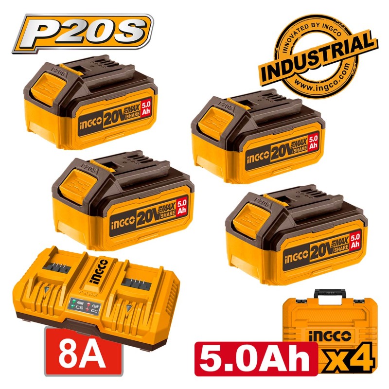 Μπαταρίες 4 τεμ. 20V 5.0Ah + Ταχυφορτιστής 8A  2 Θέσεων + Βαλίτσα Σετ 6 τεμ. | INGCO | FBCLI20285